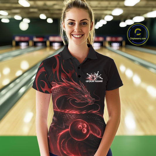 Custom Red Tribal Flame Dragon Bowlin Team Women Polo Shirt, Dragon Bowling Jerseys IPHW10230