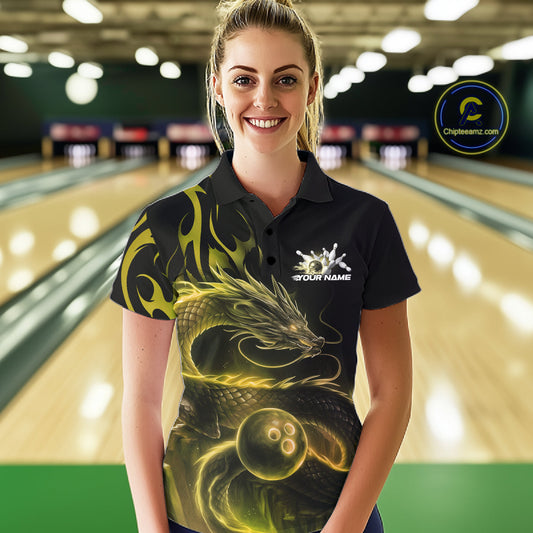 Custom Gold Tribal Flame Dragon Bowlin Team Women Polo Shirt, Dragon Bowling Jerseys IPHW10232