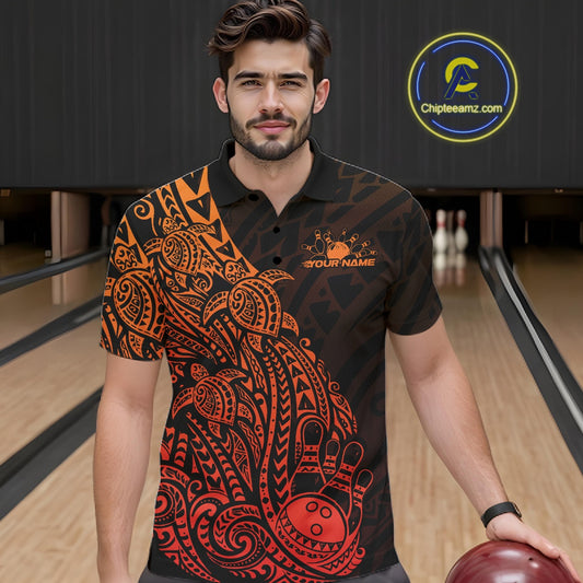 Male model wearing a black and red orange bowling polo shirt at the lane with Polynesian-style bowling graphics and tribal artwork.