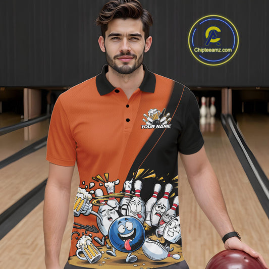 Custom Orange Funny Bowling Men Polo Shirts, Bowling And Beer Party Bowlers Outfit IPHW10820