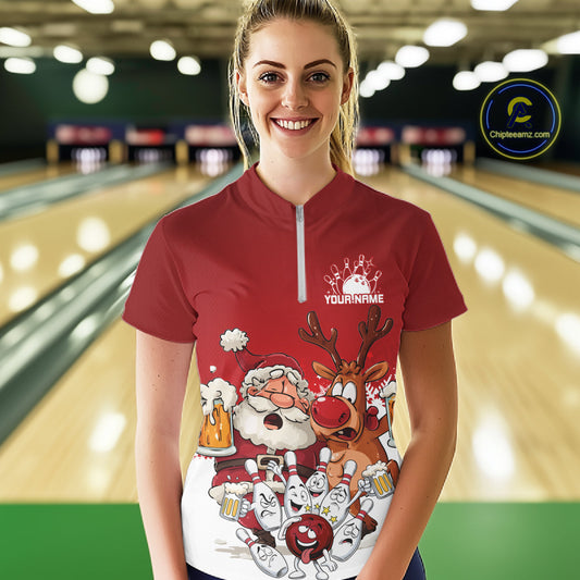 Custom Red Funny Christmas Women Bowling Shirts, Bowling And Beer Xmas Party Shirt IPHW10204