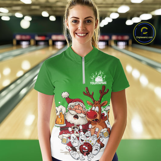 Custom Green Funny Christmas Women Bowling Shirts, Bowling And Beer Xmas Party Shirt IPHW10207
