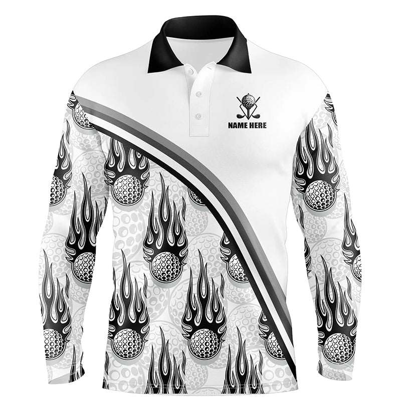 Golf balls black flame pattern Mens Golf polo shirts custom name golf clothes for men golfing | White NQS6108