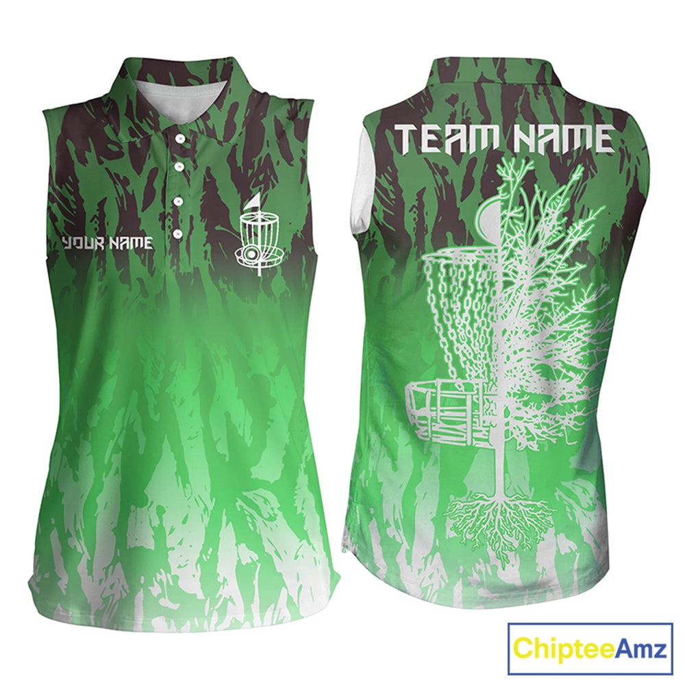 Disc golf basket green camo Womens sleeveless polo shirt custom name disc golf team shirts for women NQS6127