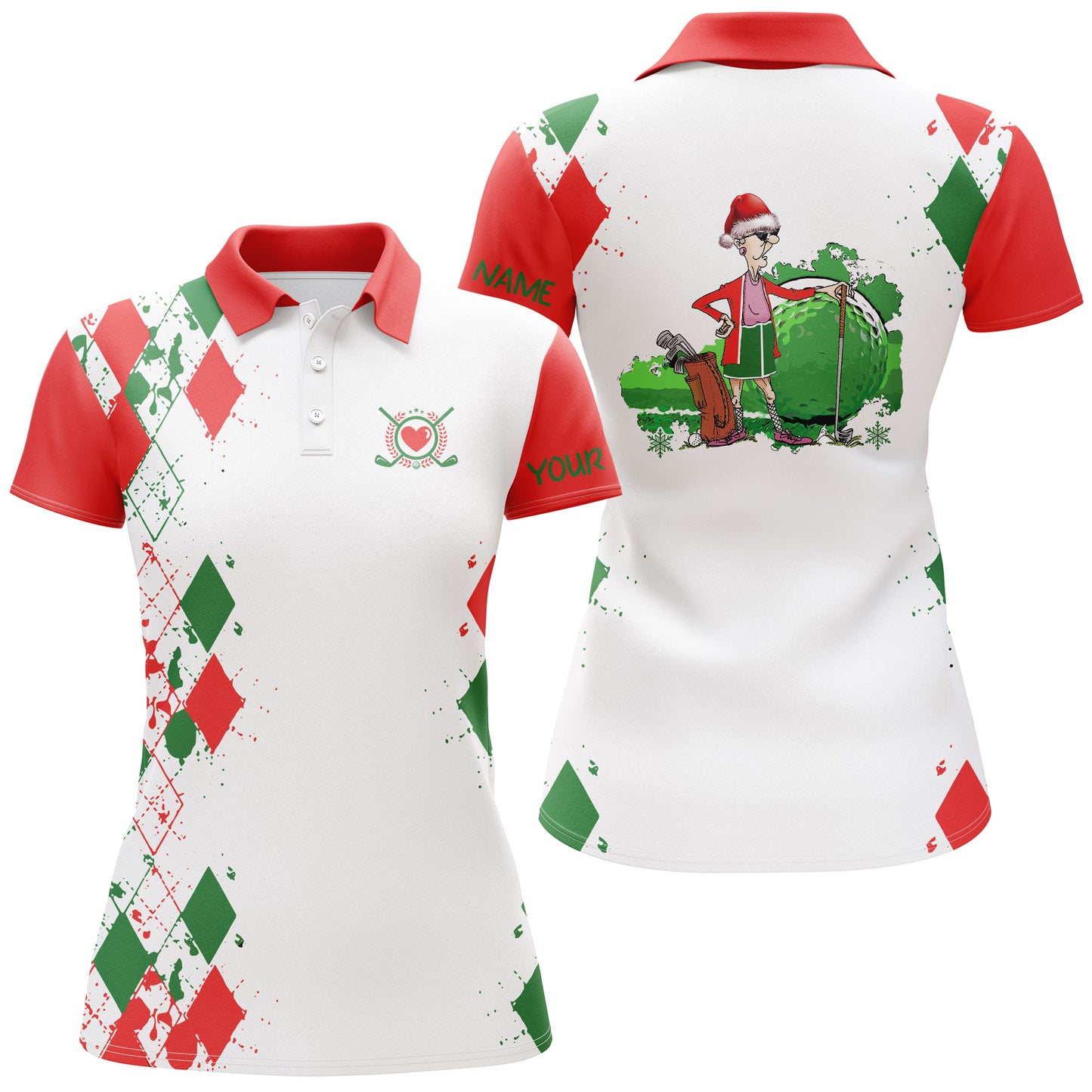 Funny Christmas argyle pattern white Womens golf polo shirt custom Christmas golf gifts for grandma, NQS4149