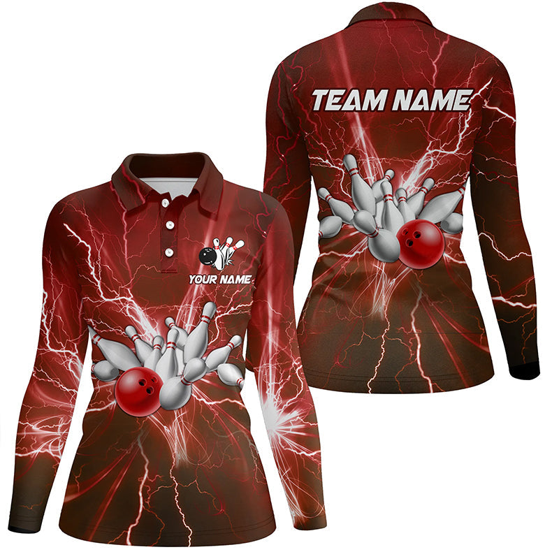 Women bowling polo shirts Custom red lightning thunder Bowling Team Jersey, gift for team Bowlers NQS7394