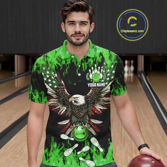 Green flame Mens bowling shirts Custom American flag Eagle Team bowling shirts, gift for bowlers NQS11188