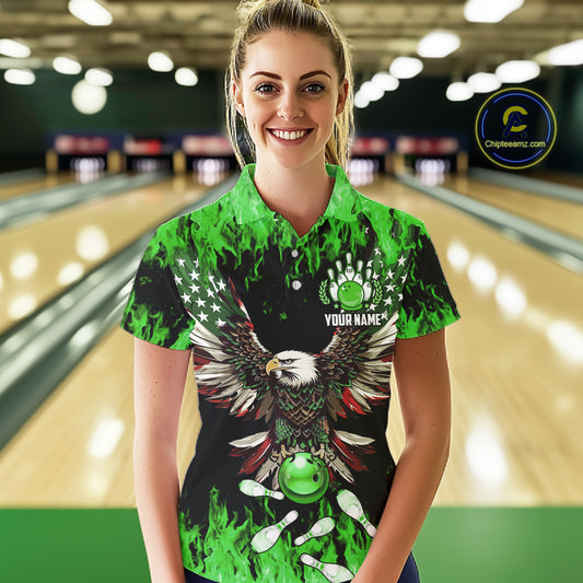 Green flame Womens bowling shirts Custom American flag Eagle Team bowling shirts, gift for bowlers NQS11188