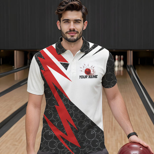 Black and White Bowling Polo, Quarter Zip Shirt for Men Custom Lightning Team bowling jerseys | Red NQS9324
