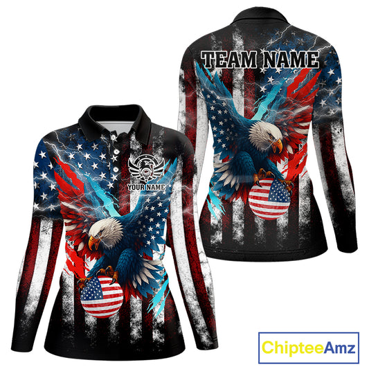 Personalized American Flag Eagle Lightning Thunder Golf Polo Shirts For Women, Patriotic Golfing Gift NQS11717