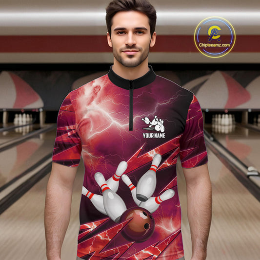 Red Storm Lightning Thunder Bowling Polo, Quarter Zip Shirt For Men Custom Bowling Team Jersey NQS11718