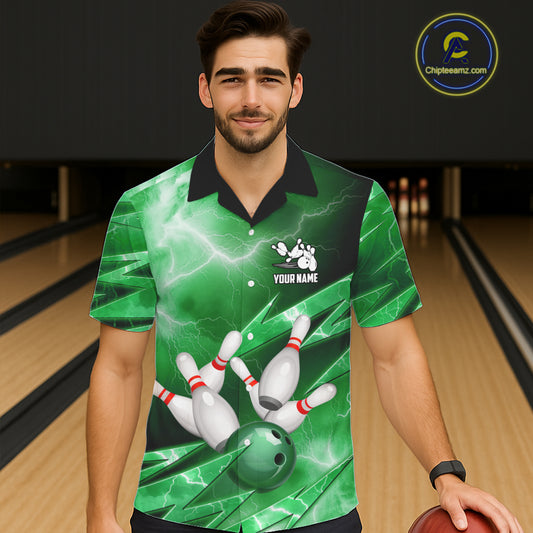 Green Storm Lightning Thunder Bowling Button-up Shirt Custom Hawaiian Bowling Team Jersey NQS11719