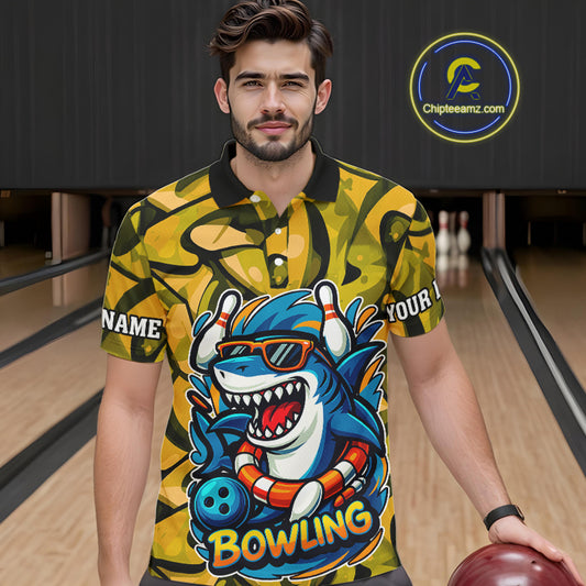 Funny Yellow Camo Shark Men Bowling Polo, Quarter Zip Shirts Custom Team Shark Bowling Outfit Jersey NQS10077