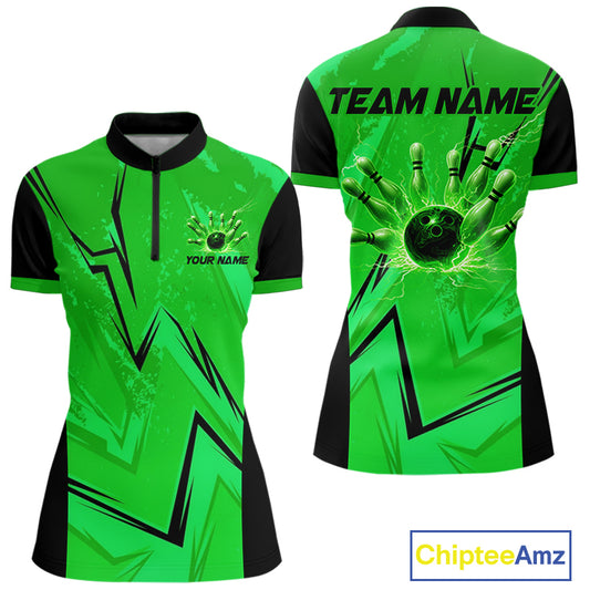 Personalized Green Lightning Thunder Bowling Polo, Quarter Zip Shirts For Women, Team Bowling Jersey NQS10832