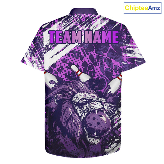 Purple Camo Lion Bowling Hawaiian Shirt Custom Lion Team Bowling Jerseys, Bowler Outfit NQS11604