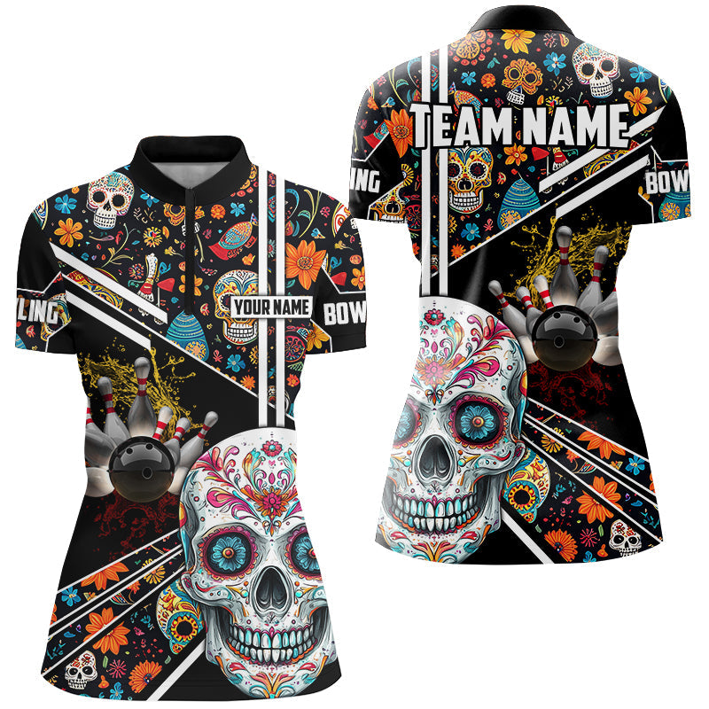 Sugar Skull Pattern Custom Women Team Bowling Polo, Quarter Zip Shirts, Halloween Team Bowling Jerseys NQS8655