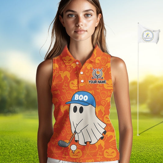 Personalized Funny Halloween Boo Orange Pattern Sleeveless Golf Polo Shirts, Halloween Golf Attire NQS10837