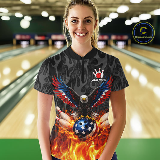 Black & Orange Flame American Flag Eagle Bowling Shirt For Women Custom Patriotic Bowling Team Jersey NQS11722