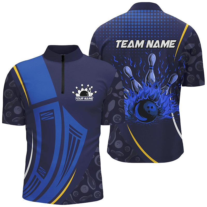 Blue camo Flame Bowling Polo, Quarter Zip shirts for men custom team bowling jerseys NQS7785