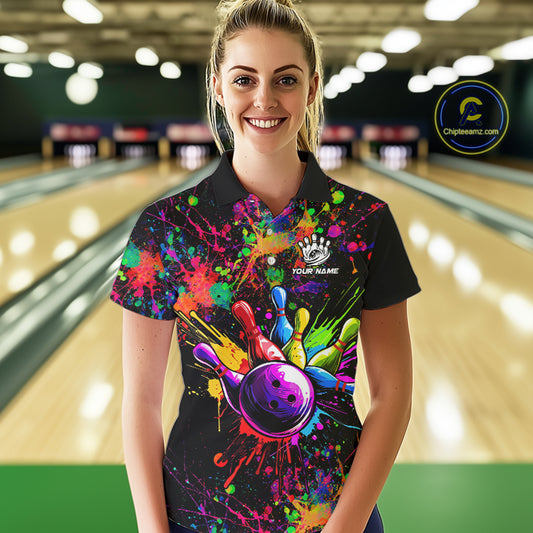 Colorful watercolor Bowling Polo, 1/4 Zip Shirt for Women Custom Bowling Team jersey for bowlers NQS10242
