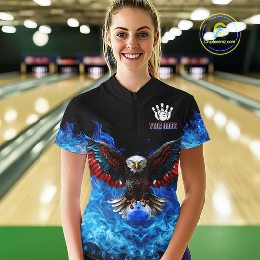Blue Flame Smoke American Flag Eagle Skull Women Bowling Shirts Custom Patriotic Bowling Team Jersey NQS9659