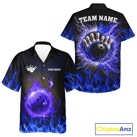 Black and Blue Flame Lightning Thunder Button-up bowling shirts custom Bowling Team League Shirts NQS11425