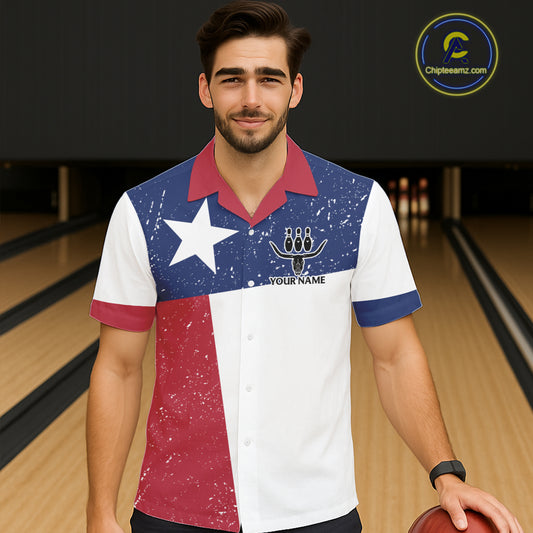 Grunge Texas Flag Bowling Hawaiian Shirt Custom patriotic Texas Team Bowling Button up shirt NQS11239