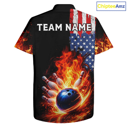 American Flag Flame bowling Hawaiian shirts Custom patriotic team bowling button-up shirts NQS11432