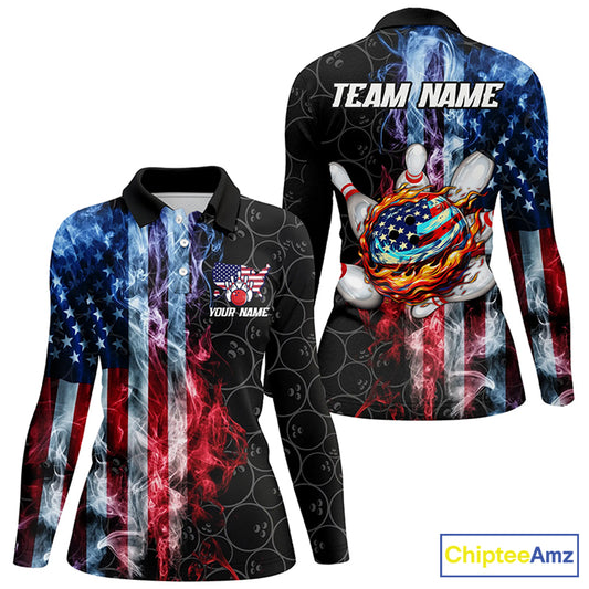 Smoke American Flag Flame Bowling camo Custom Patriotic Bowling Shirts For Women, Bowling Team Jerseys NQS8241