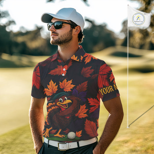 Golf Turkey Thanksgiving Mens Golf Polo Shirt Orange Autumn Leaf Custom Golf top For Men Golf Gifts NQS10637