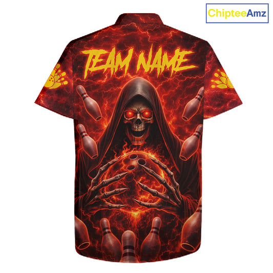 Red Lightning Thunder Skull Reaper Bowling Hawaiian Shirt Custom Team Bowling Button-up Shirt NQS11642