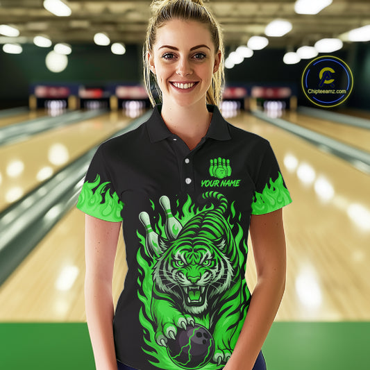 Black and Green Flame Tiger Bowling Polo, 1/4 Zip Shirts for Women Custom Team Tiger Bowling Jersey NQS11257