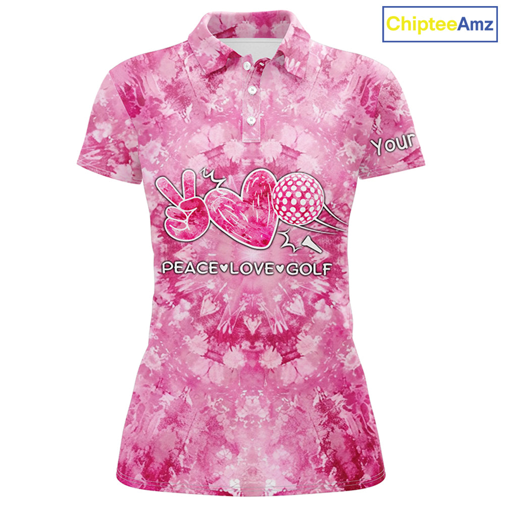 Womens golf polo shirts pink tie dye pattern custom peace love golf, personalized golf shirt for women NQS7836