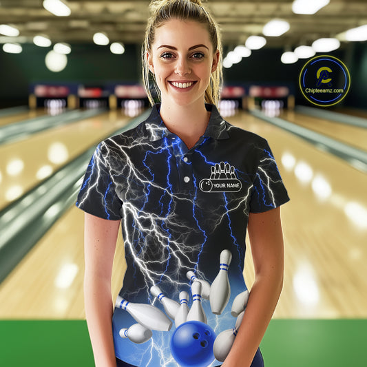 Women's bowling Polo, Quarter Zip shirts Custom Blue lightning thunder team bowling league jerseys NQS11261