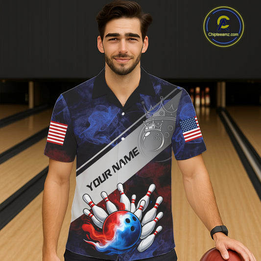 Red, White & Blue Smoke American Flag Bowling Hawaiian Shirt Custom patriotic Team bowling jersey NQS11269