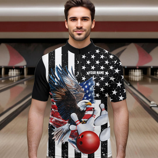 Black and White American Flag Eagle Mens Bowling Shirt Custom patriotic outfit men Bowling Team Jersey NQS9709