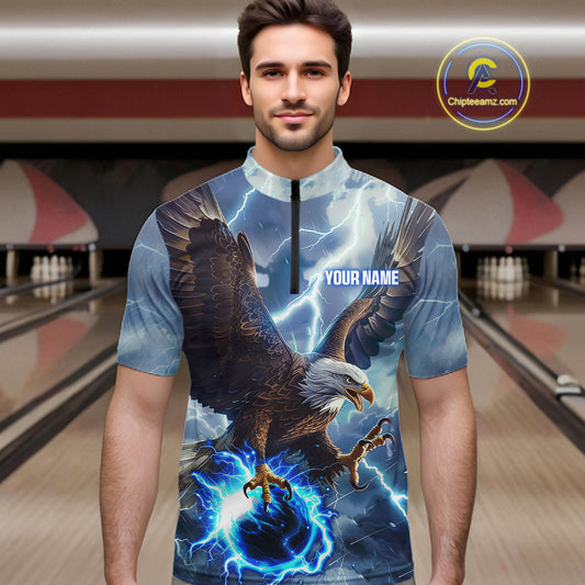 Blue lightning thunder bowling Eagle custom Men Bowling Quarter Zip Shirts, gift for team bowlers NQS7488