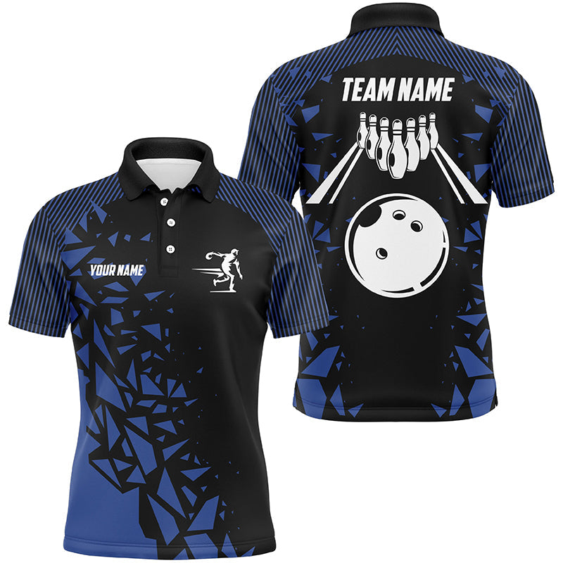 Black And Blue pattern Bowling Polo, 1/4 Quarter Zip Shirts For Men, Custom Name Bowling Team Jerseys NQS7845