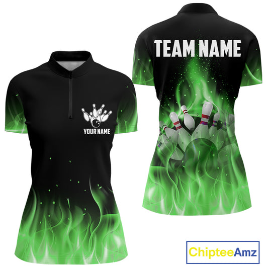 Personalized Women Bowling Shirt Green flame Bowling Ball Pins Team bowling jerseys for ladies Bowler NQS10472