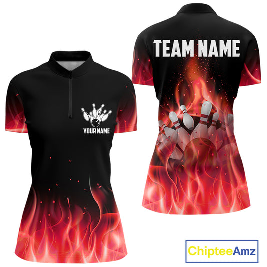Personalized Women Bowling Shirt Red flame Bowling Ball Pins Team bowling jerseys for ladies Bowler NQS10473