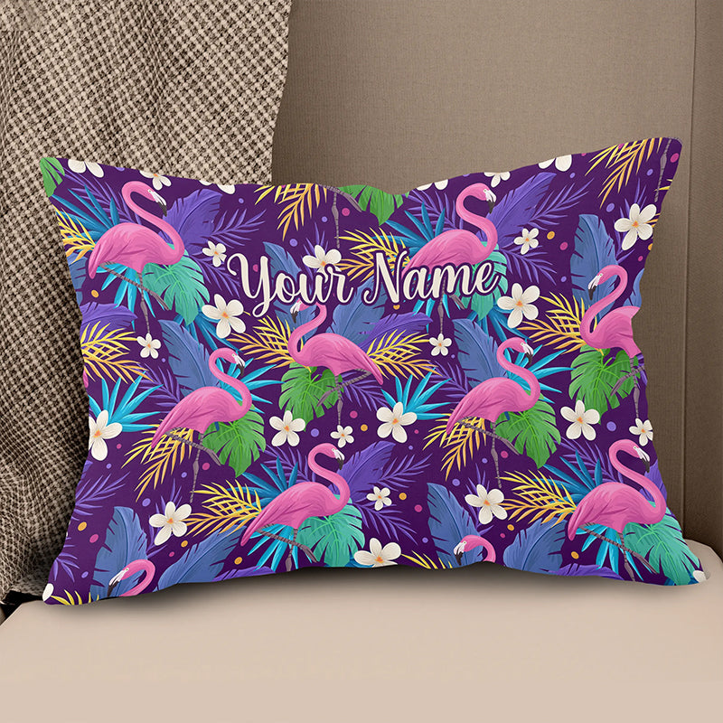 Personalized colorful floral flamingo pattern tropical leaves custom name Canvas, Linen Throw Pillow NQS7022