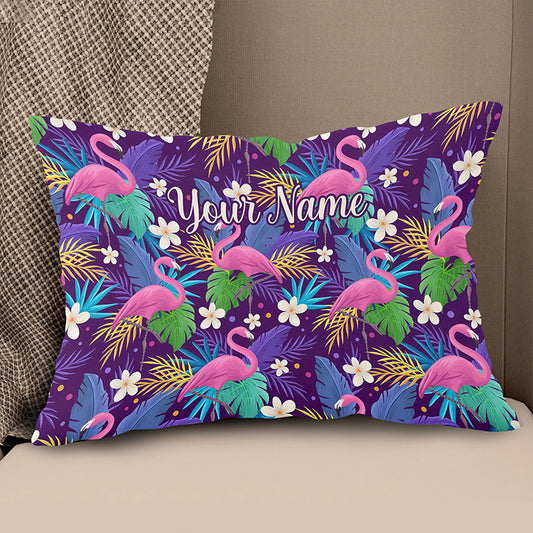 Personalized colorful floral flamingo pattern tropical leaves custom name Canvas, Linen Throw Pillow NQS7022