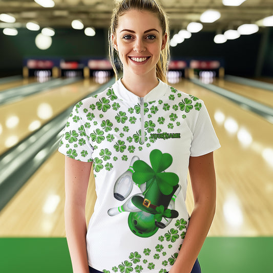 Green shamrock bowling shirts for Women Custom St Patrick Day white team league bowling jerseys NQS9400