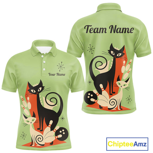 Custom retro bowling shirts Cat Bowling jersey for men Team Bowling Polo, 1/4 Zip Shirts | Green NQS11670