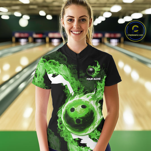 Green Flame Fire Bowling Shirts for Women Custom Bowling Team Jersey Bowling Polo & Quarter-Zip Shirts NQS11752