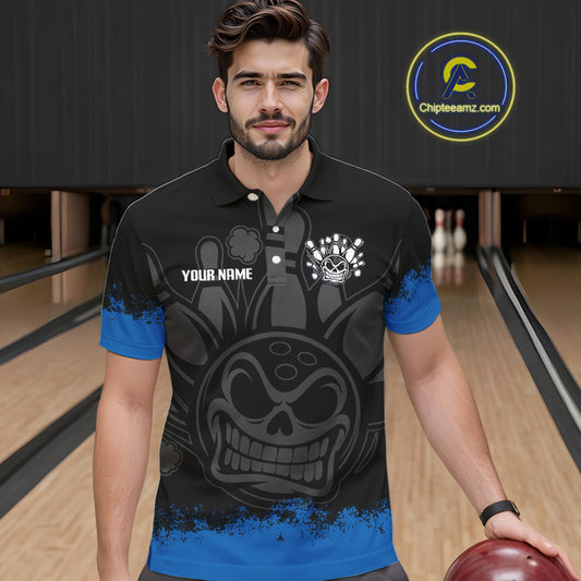 Black and Blue Funny Bowling Polo, Quarter Zip Shirt for Men Custom Bowling Team Jersey NQS9982