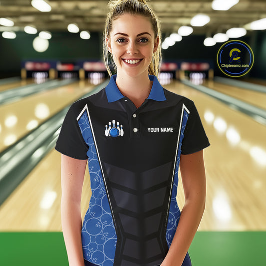 Black and Blue Camo Flame Women Bowling Polo, quarter zip shirts Custom team bowling league jersey NQS10150
