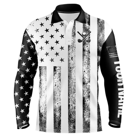 Personalized Black & White American Flag Retro Men golf polo shirts Custom Patriotic golf top for men NQS9568