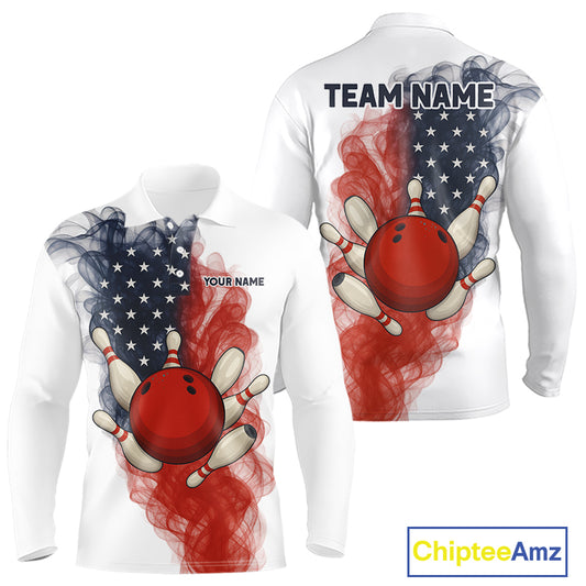 Custom Smoke American Flag White Bowling Shirts for Men Personalized Patriotic Team Bowling Jerseys NQS10495