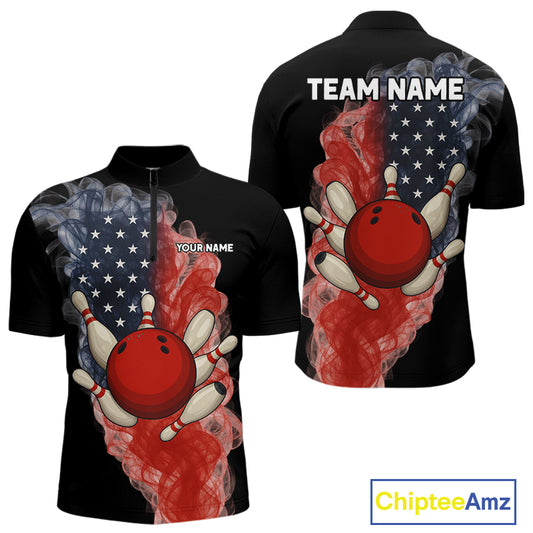 Custom Smoke American Flag Black Bowling Shirts for Men Personalized Patriotic Team Bowling Jerseys NQS10496